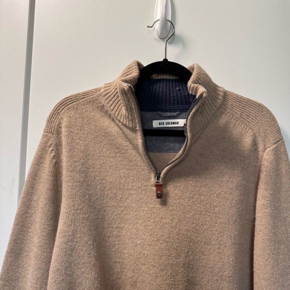 Ben Sherman Men's 1/4 Zip Wool Blend Pullover Tan Sweater Oatmeal Golf Prep XL - Picture 2 of 6